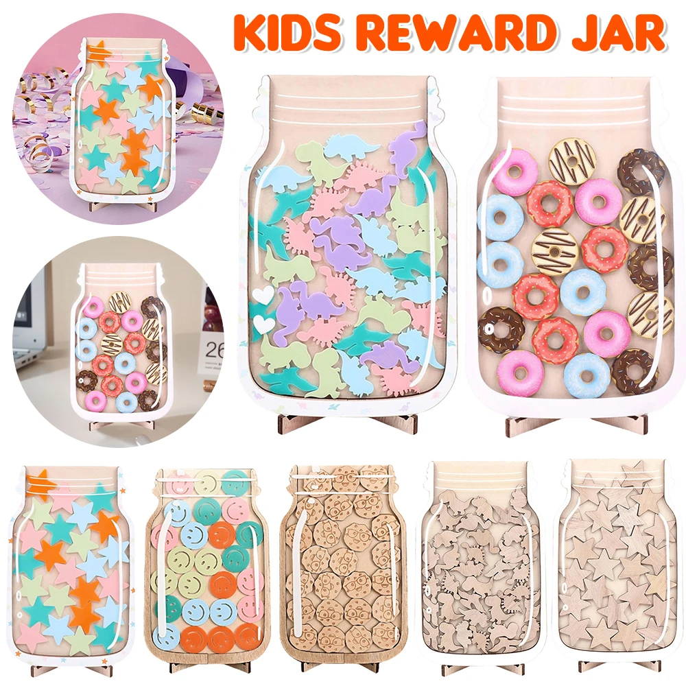 1Pcs Kids Reward Jar With Star Dinosaur Classroom Reward Jar with Standing Base Token Chore Chart Wooden Megnetic Reward Jar