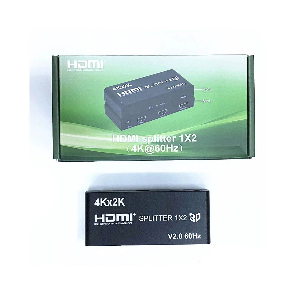 1PCS New Original HDMI2.0 Ultra HD Splitter HDMI Splitter 1x2 One in and two out 4K@60Hz power supply US plug, EU plug, UK plug