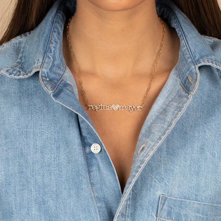 Custom Gold Name Necklace Personalized Pendant with Heart Detail Cubic Zirconia Inlay Chunky Chain Jewelry Unique Christmas Love
