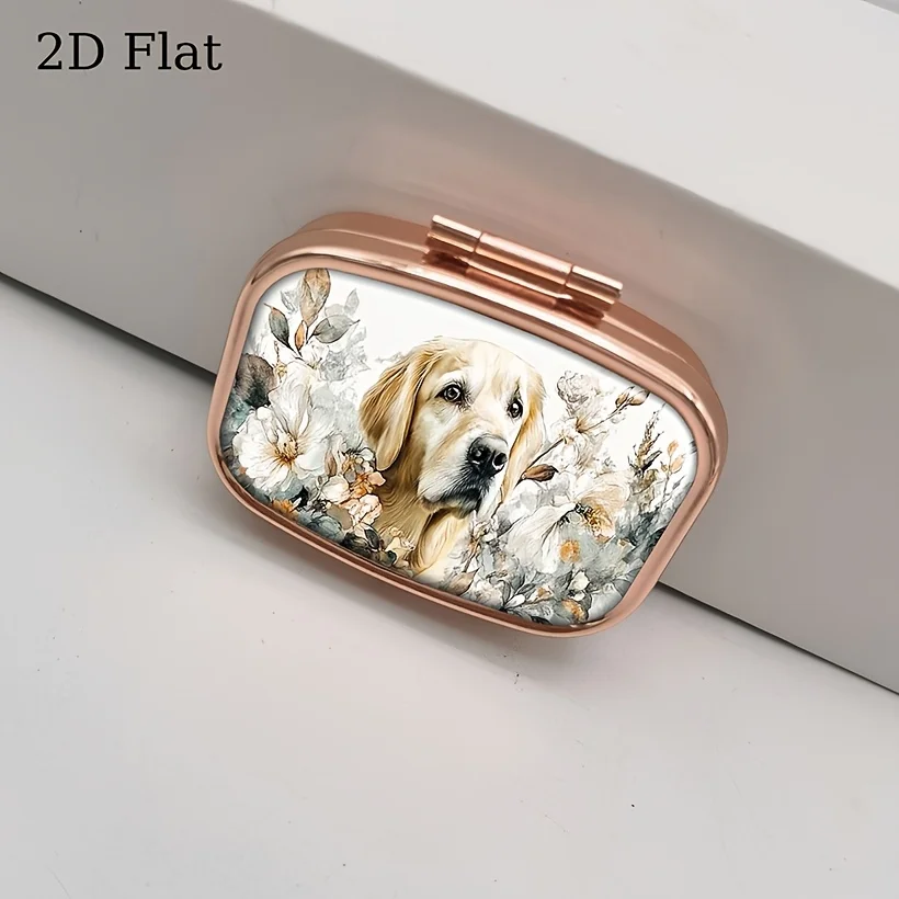 Golden Retriever Watercolor Medicine Box in a Flower Field Design, Flat Portable Metal Storage Box, Suitable for Vitamins, Fish Oil, Pills, and Small Candies, Cute Decorative Mini Storage Box, Suitable for Handbags