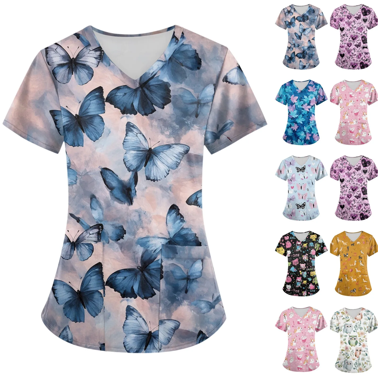 Women'S Casual Nurse Uniform Cute Small Animal Cartoon Print Loose V-Neck Pocket Short-Sleeved Top Soft And Breathable