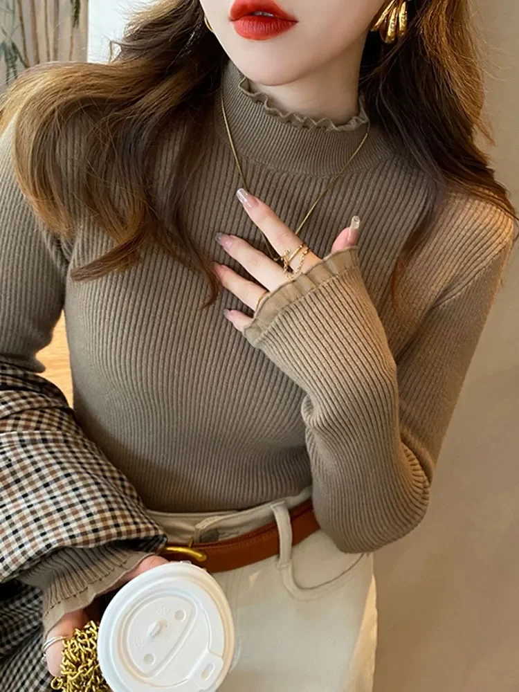 

Pop Pop Ruched Lace Solid Basic Knitted Tops Women Turtlneck Sweater Long Sleeve Casual Slim Pullover Korean Fashion Simple Chic
