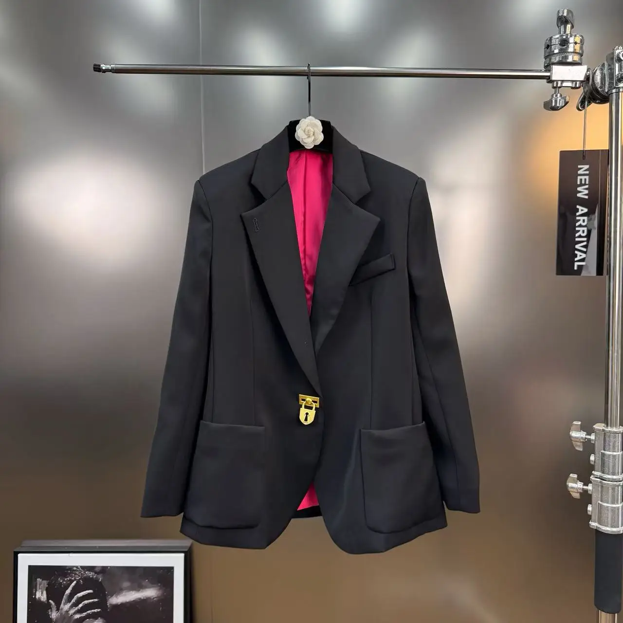 

Fashion Spliced Metal Buckle Blazers Coat for Women Lapel Long Sleeve Tunic Temperament Suit Coats Female Clothing