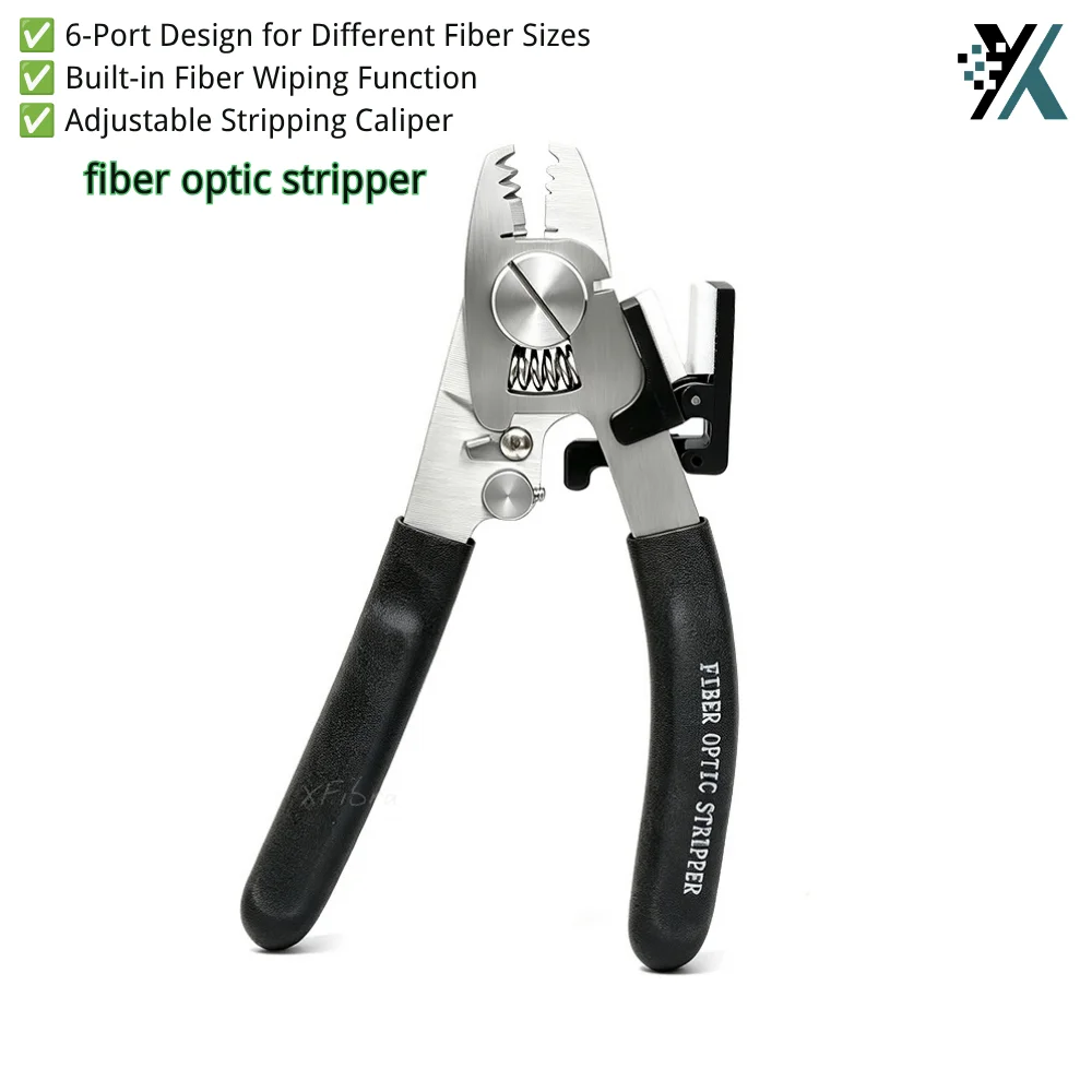 6-in-1 Fiber Optic Stripper Stainless Steel Adjustable Jaw Built-in Fiber Cleaner Anti-slip Handle FTTH Cable Jacket Coating