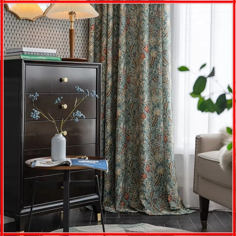 Retro Green Curly Printed Curtains for Living Room Bedroom Luxury American Country Semi-shading Pillow Tablecloth Window Fabric