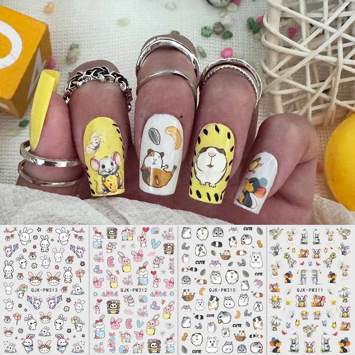 4pcs Cartoon Cute Hamster Bunny Nail Art Stickers - Artistic Stickers, Easy to Apply Nail Decoration, DIY, Gifts, Wedding Party