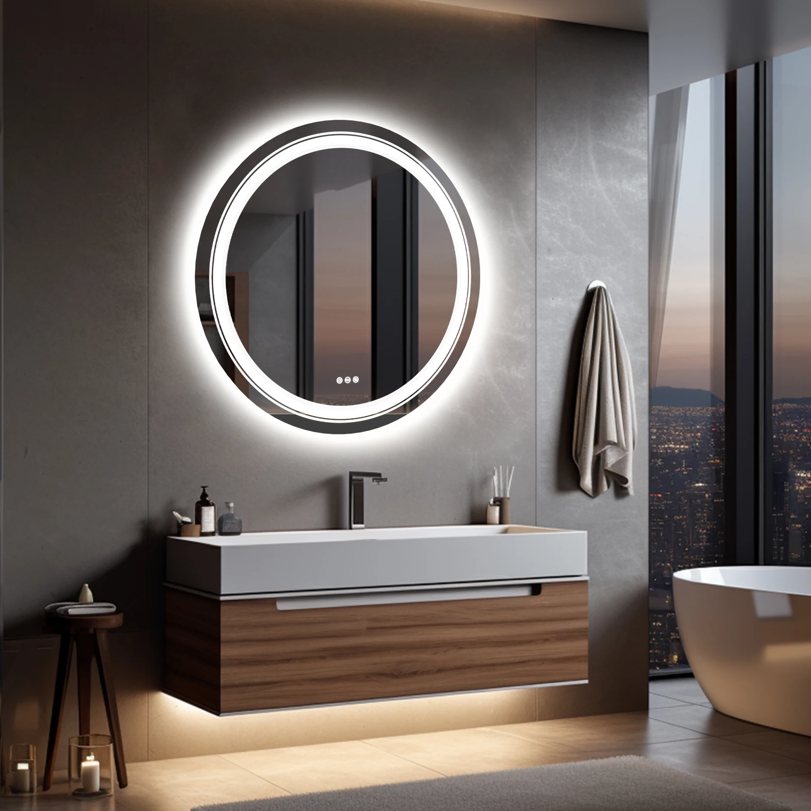 800mm LED Circle Wall Mounted Vanity Mirror with Demister Pad Smart Touch Sensor Memory Function Backlit Front Lighted 3 Colors