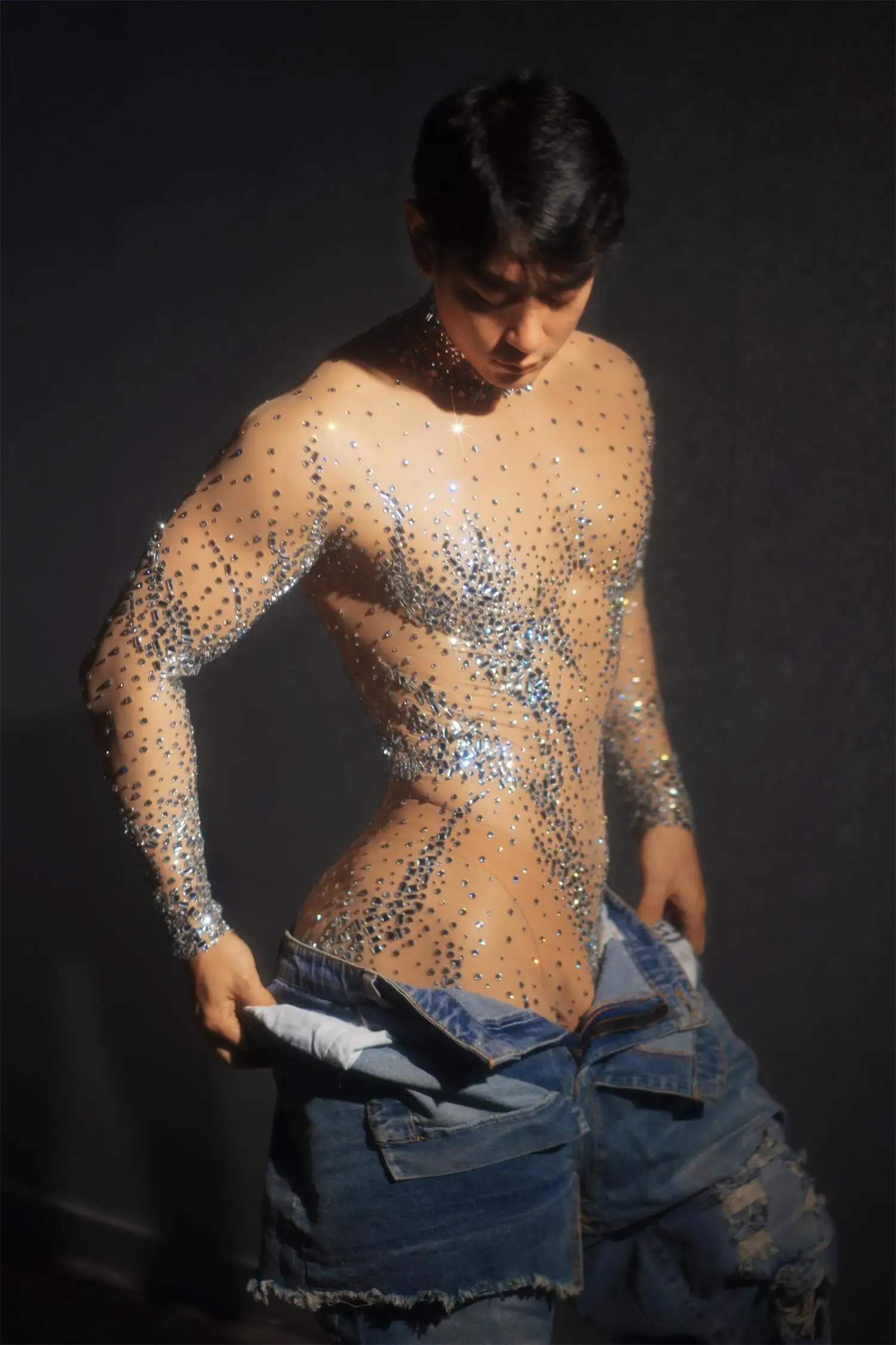 Mono de malla de cristal brillante para hombre y mujer, traje de cuerpo de una pieza, traje personalizado, ropa de fiesta de celebridades, moda de