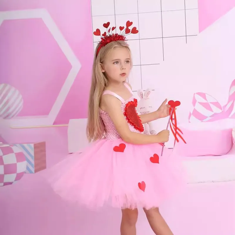 Pink& Red Heart Pattern Tulle Tutu Princess Dress Festival Stage Outfit Birthday Party Attire Romantic Photo Shoot Fancy Apparel