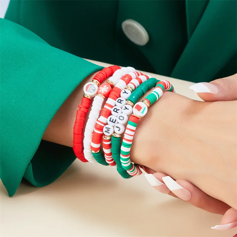 1Set Hot Selling Style Soft Pottery Beaded Bracelet Christmas Suit Holiday Gift Snowman Bracelet Versatile Bracelet for Women