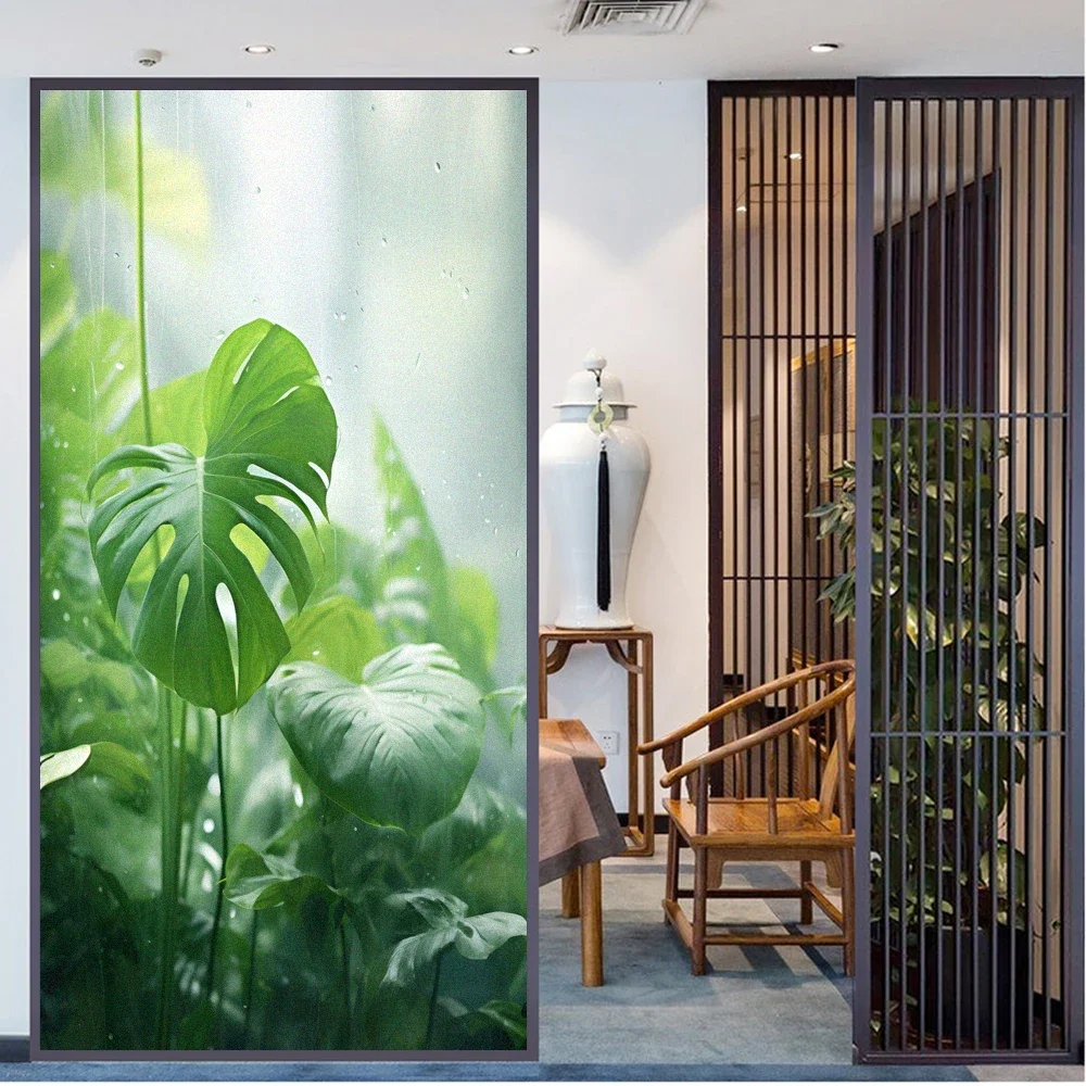 

Static Cling Privacy Window Film Anti UV Blocking Heat Control Window Stickers Green Jungle Frosted Window Decoration