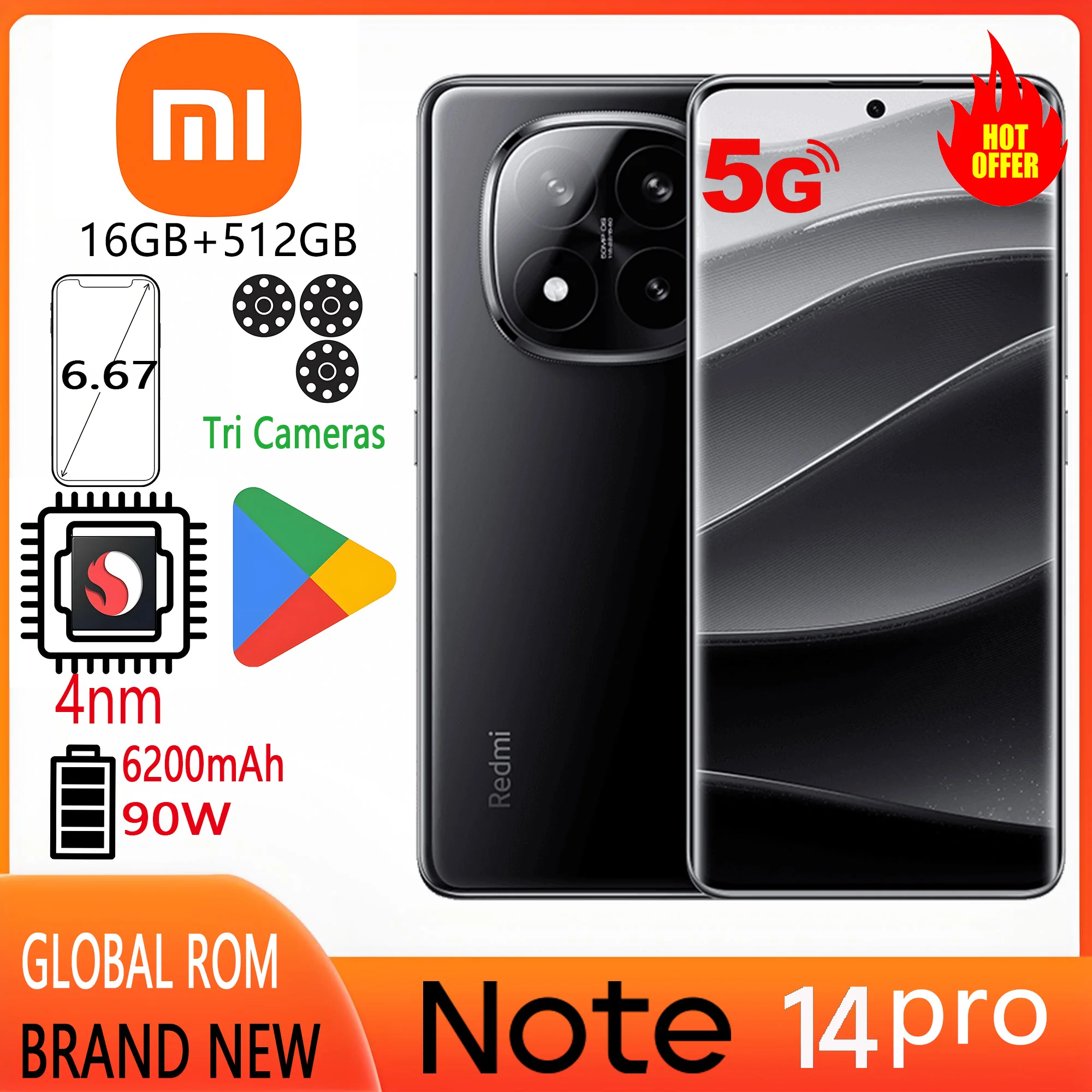 Оригинальная глобальная версия Xiaomi Redmi Note 14 Pro+ 5G Snapdragon 7s Gen 3, 6,67 дюйма AMOLED, 50-мегапиксельная камера, 120 Гц, IP68, 6200 мАч, 16 ГБ, 512 ГБ