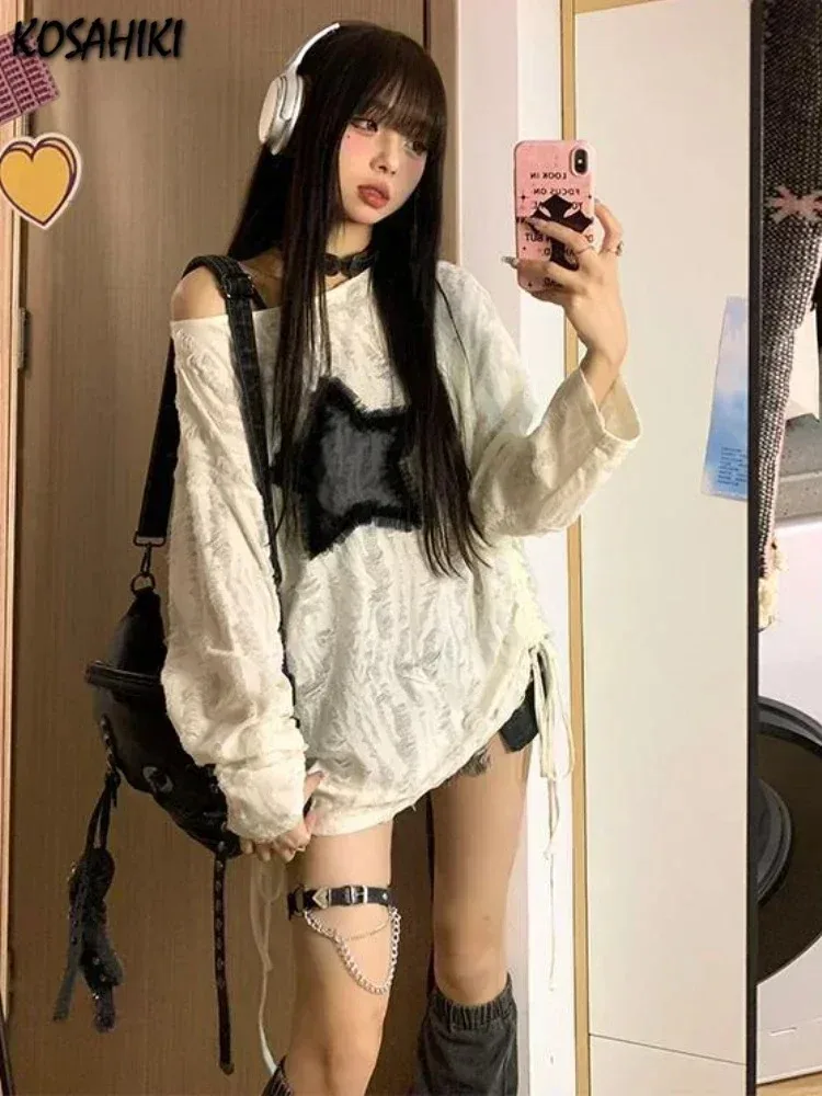 Grunge Ripped Hoodies Women Mesh Star Patchwork Y2k Aesthetic Loose Kpop Fairycore Sweatshirt Harajuku Streetwear Hooded Tops