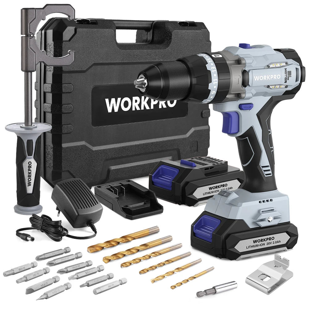 WORKPRO 20V Brushless Cordless Drill/Driver Set with Dual Lithium Batteries and 17PC Accessories 21 Gears Power Tools