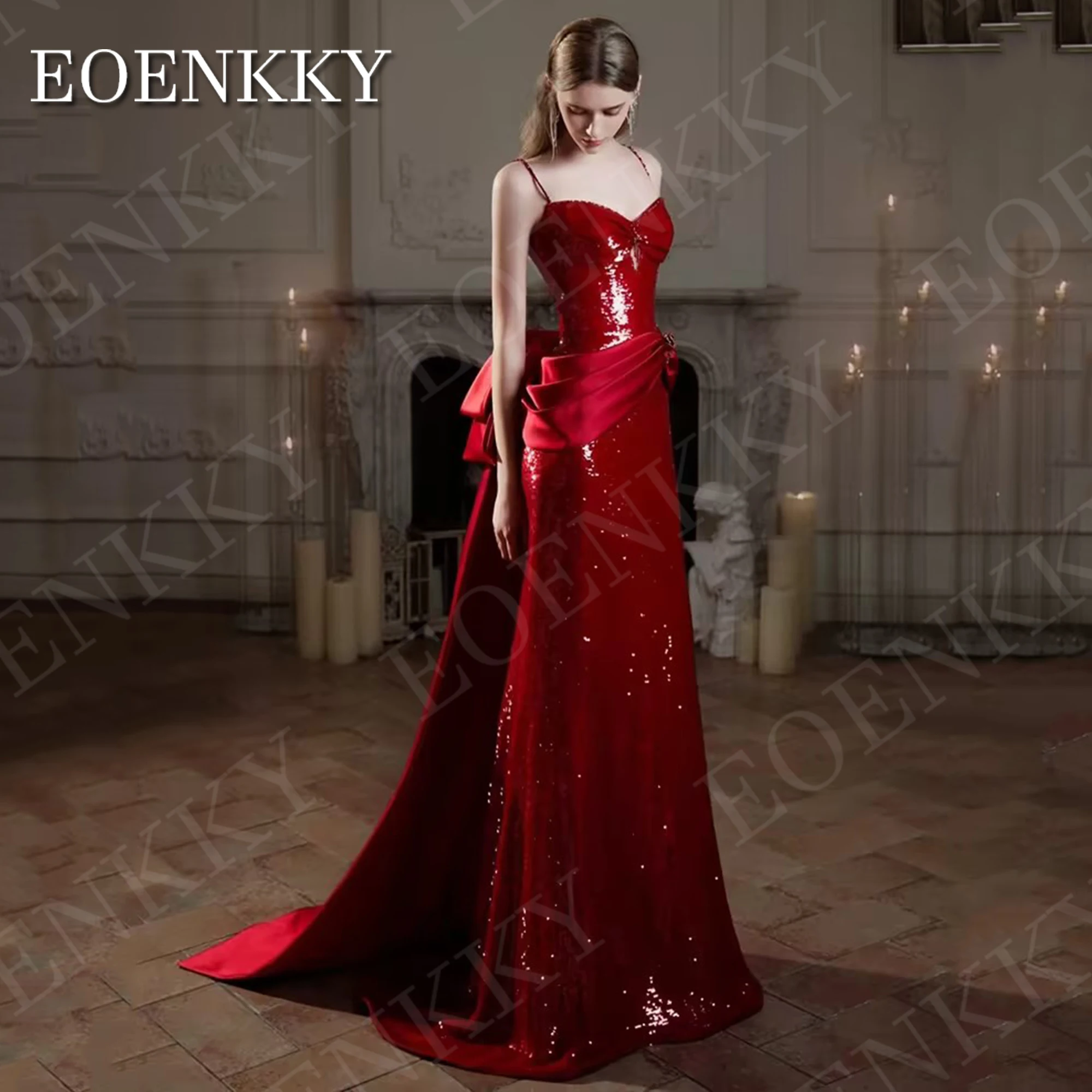 EOENKKY Luxury Mermaid Slim Evening Dresses فساتين سهرة Detachable Train Sexy Sequin Spaghetti Straps Prom Gowns Red Customized