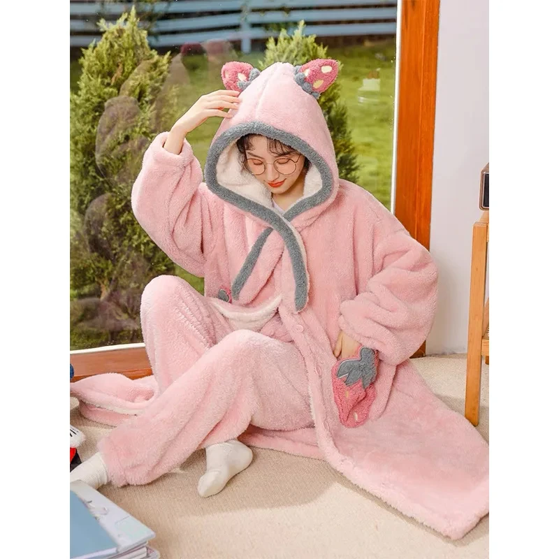 2023 Strawberry Robe for Women Hooded Sleepwear Fleece Night Wears Nightdress Winter Pajama Nightgown Long Sleeve Warm Homewear