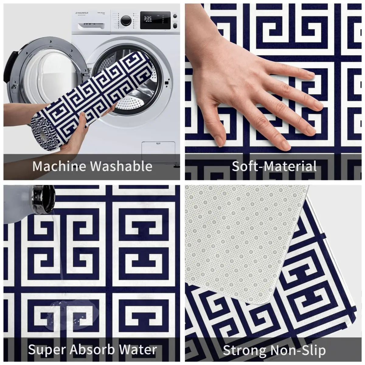 White Navy Blue Geometric Anti-Slip Doormat Greek Key Navy Blue And White Pattern Balcony Carpet Welcome Rug Home Decorative