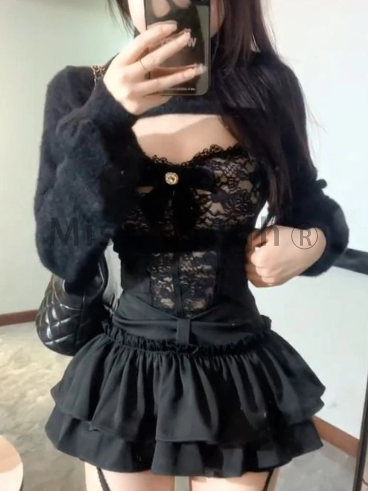 Kawaii Sexy 3 Piece Set Women Fashion Lace Design New Y2K Suit Female Long Sleeve Coat + Black Strapless +pleated Skirt Spring