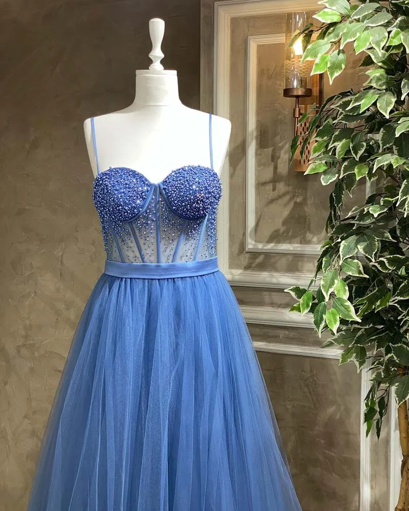 Robe de bal en Tulle bleu brillant, col en cœur, bretelles Spaghetti, ligne a, longueur au sol, robe de Gala