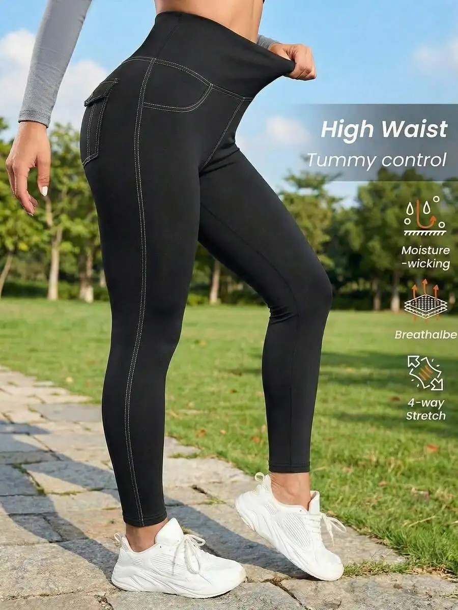 Plus Size Women's Leggings, High Waist Yoga Pants With Pockets, Tummy Control - & Stretchy Sports