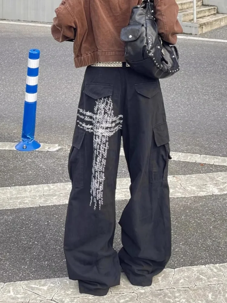 2025 Cyber Y2K Lettera di moda stampata Pantaloni jeans cargo larghi neri per abbigliamento donna Pantaloni lunghi in cotone dritto Ropa Mujer