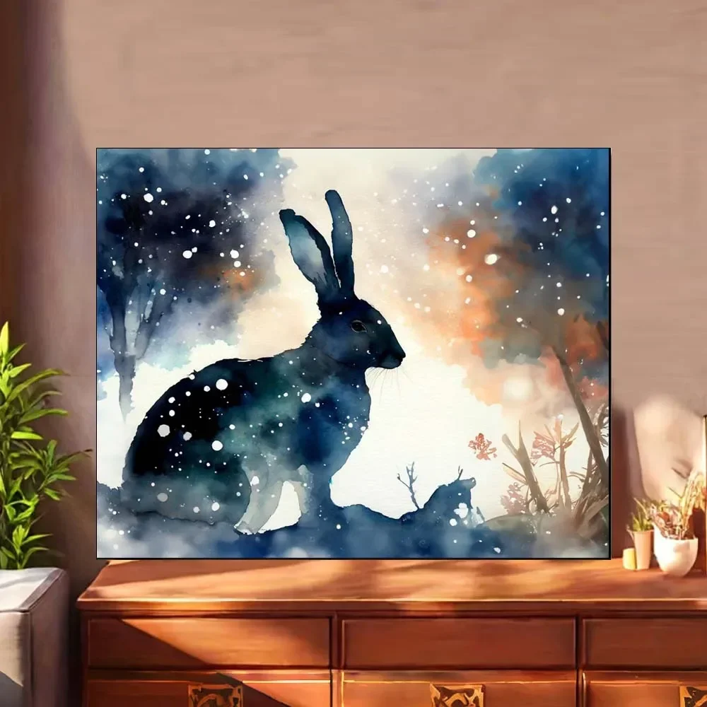 Dreamy Winter Black Rabbit In Watercolor Snow Scene Serene Canvas Art Diy Digital Oil Painting Set For Beginners Adult Unframed