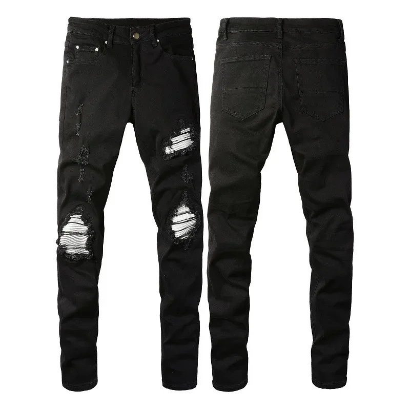 European and American Fashionable Youth High Street Ripped Silver Patch Stretch Slim-fit Street Fashion Men's Ankle-length Jeans