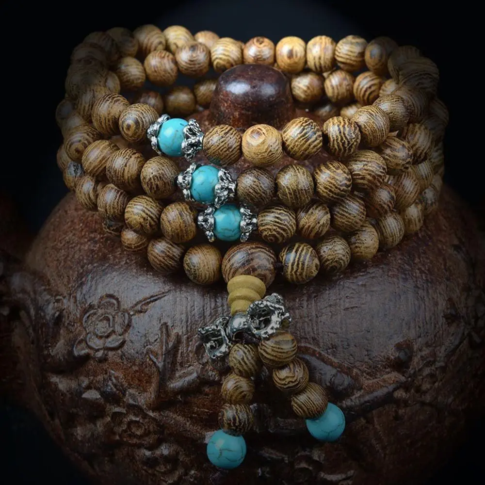 Meditation Wood 108 Rosary Tibetan Beads Turquoise Bracelet Buddhist Wenge - Image 4