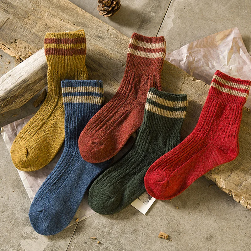 Kawaii Women Winter Warm Soft Wool Striped Long Fuzzy Socks for Sweet Girl Home Indoor Floor Sleeping Bold Lines Towel Sock Gift