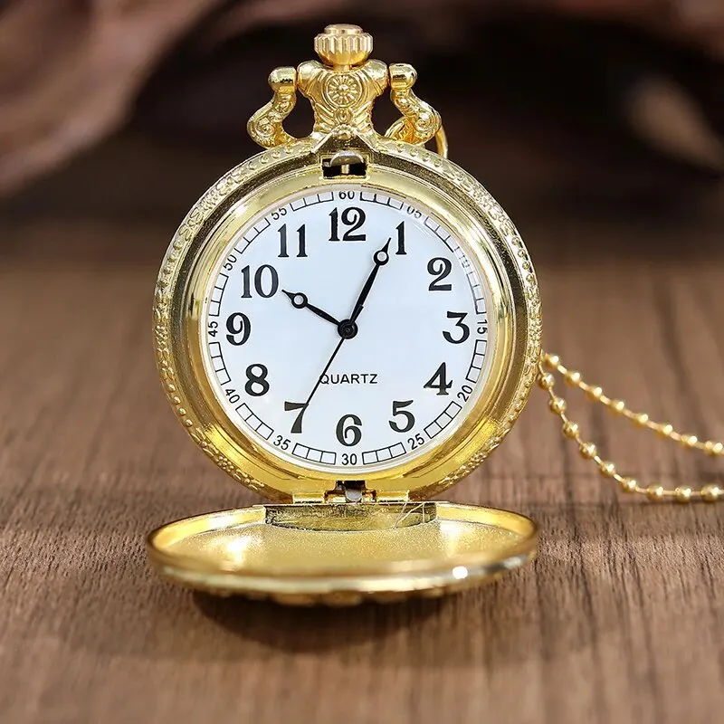 Luxury Gold Flower Quartz Pocket Watch Double-sided Printing Fashion Design Pendant Fob Watch Chain Gifts for Men