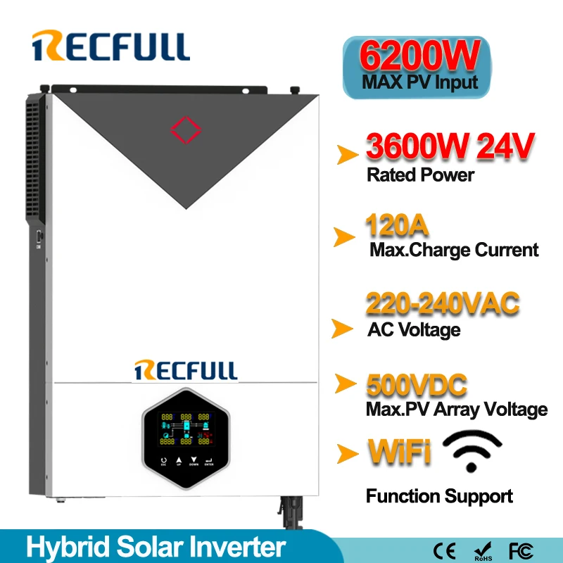 

3600W On/Off grid Solar Hybrid Inverter Pure Sine Wave DC 24V AC 220VAC Solar Inversor Build In 120A Solar Controller WIFI(