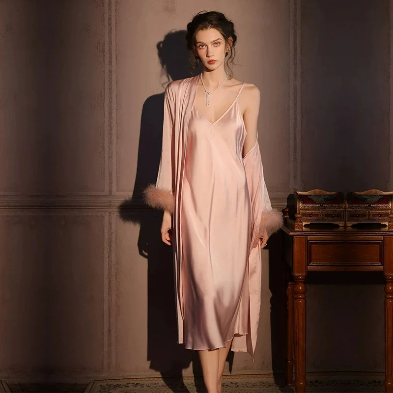 Femmes vêtements de nuit 2 pièces Patchwork dentelle à manches longues ceinturé Robe chemise de nuit col en V Slip Robe de nuit Sexy élégant femmes pyjamas ensembles