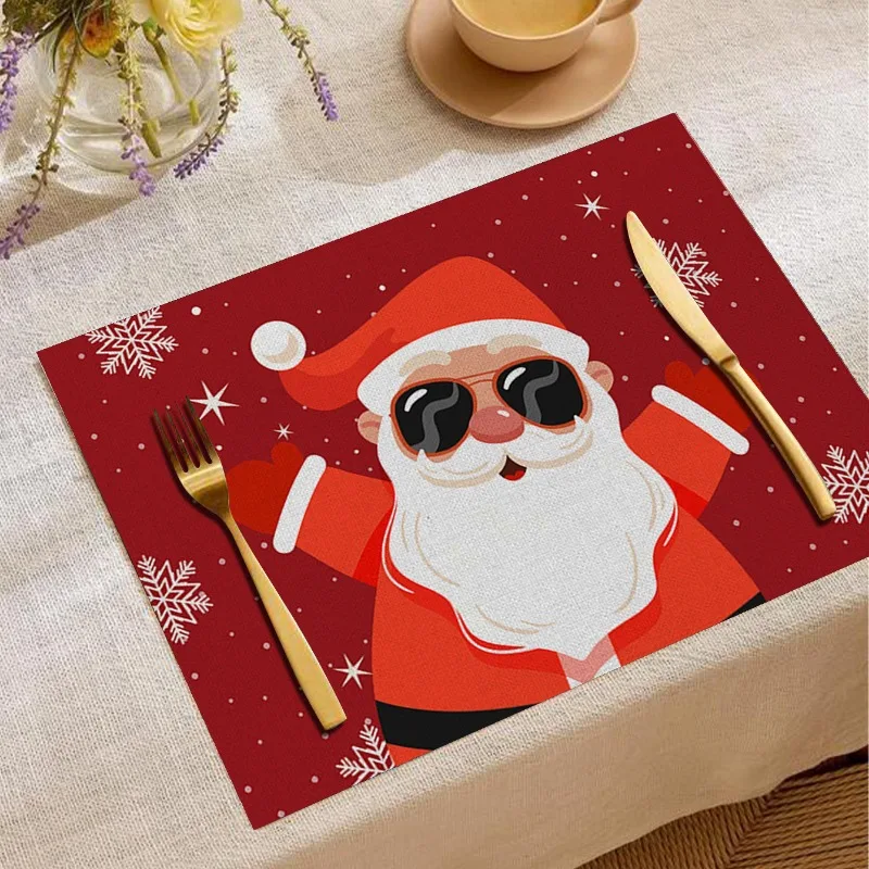 Christmas Linen Placemat Santa Claus Reindeer Print Placemats Suitable for Christmas Decor in Kitchens Living Rooms Parties etc