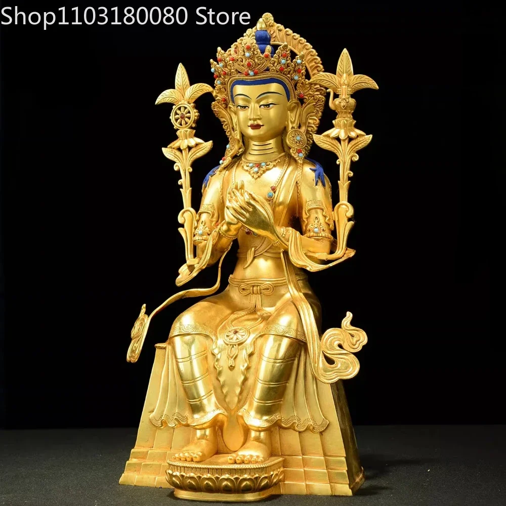 34cm Brass Gilded Tibetan Jampa Buddha Maitreya Bodhisattva Statue Sculpture Altar Decor
