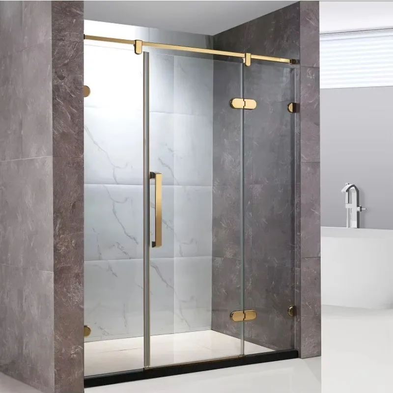Golden Home Shower Door Tempered Glass Stainless Steel Hinged Shower Room