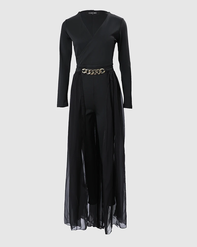Mono elegante con cuello en V profundo para mujer, mono de trabajo informal, decoración de cadena sólida negra, malla de retazos, pierna recta, moda