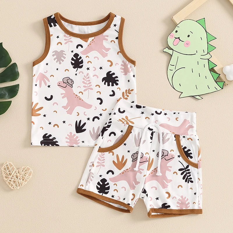 

Suefunskry Toddler Boys Summer Outfits Dinosaur Print Round Neck Sleeveless Tank Tops Elastic Waist Shorts 2Pcs Clothes Set