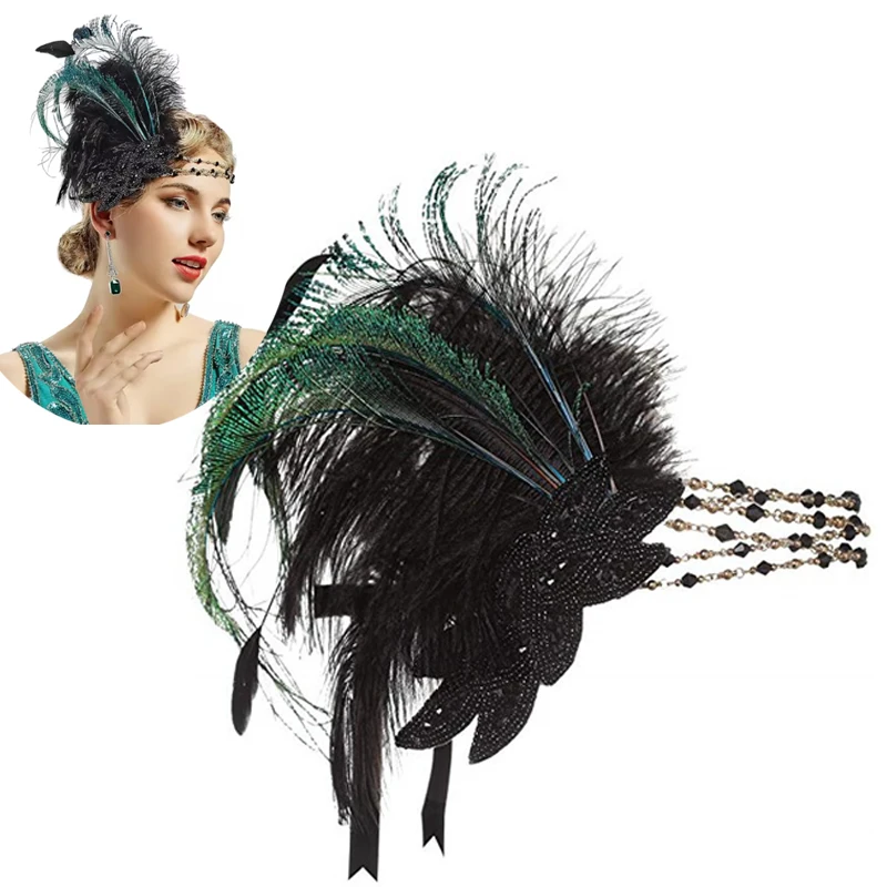 Art Deco 1920s Flapper Headpiece Roaring 20s Great Gatsby Feather Headband 1920s Flapper Gatsby Accessories