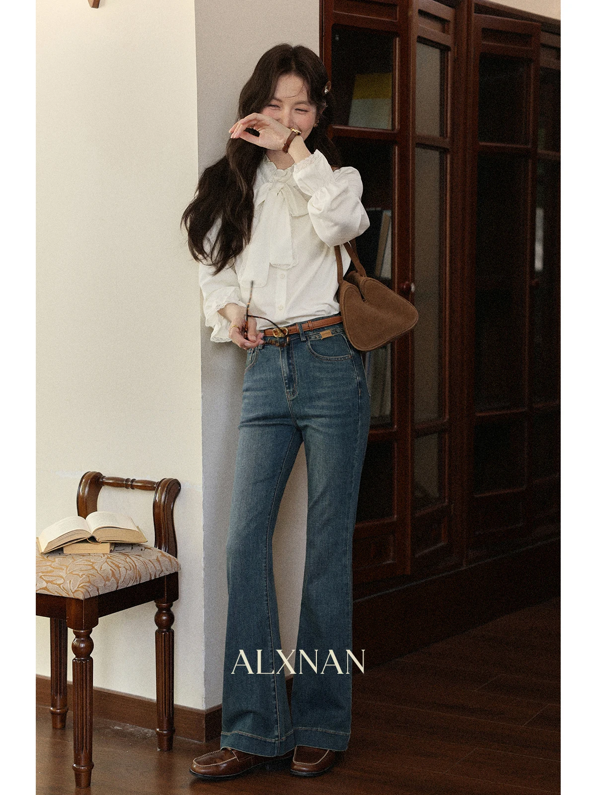 ALXNAN Schlagjeans für Damen, blau, Vintage, hohe Taille, weites Bein, Baumwoll-Denim-Hose, 2025, Herbst, elegant, lässig, Baggy-Hose, L56918