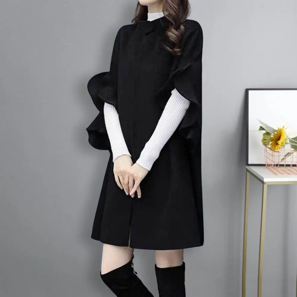 Women Winter Coat Ruffle Formal Elegant Big Hem Midi Length Long Sleeves Cardigan Stand Collar Lady Cloak Coat for Dating