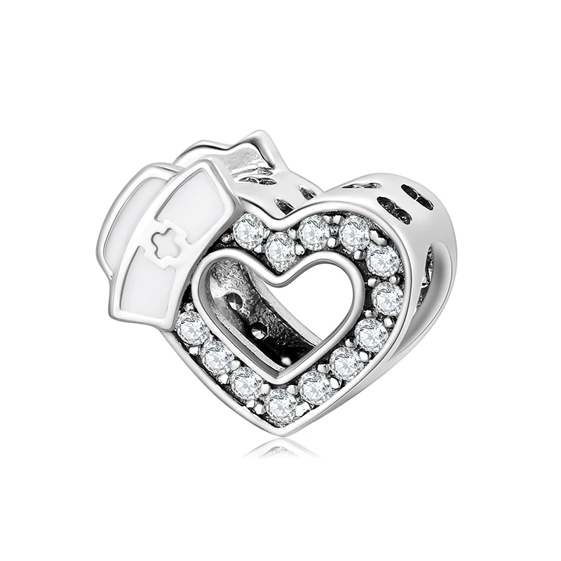 925 Sterling Silver Doctor Nurse Hat Heart Shaped White Love Charm Bead Fit Original Bracelet Diy Jewelry Accessories Beads