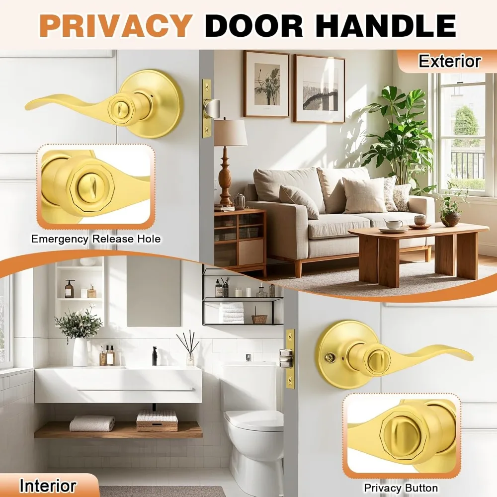 Interior Door Handle Wave Style Privacy Door Lever Gold Bed and Bath Handle Interior Keyless Leverset Lockset, Left/Right Hande