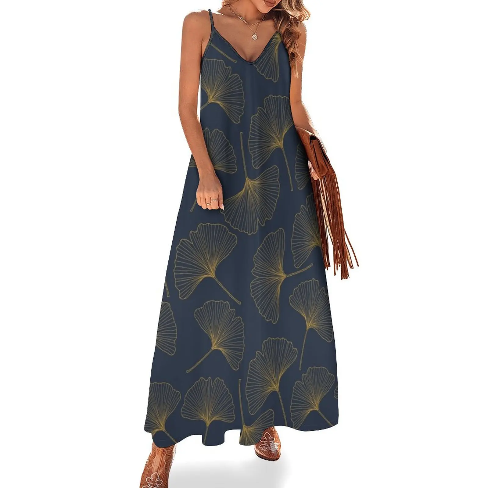 

Navy Blue and Gold Ginkgo Leaves Art Deco Pattern Sleeveless Dress festival outfit women evening dress