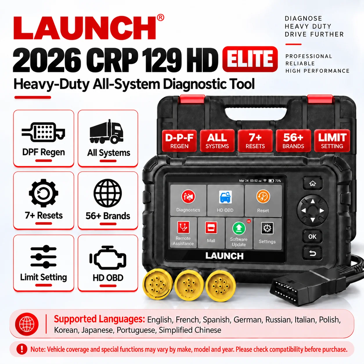 LAUNCH CRP129HD Heavy Duty Truck Scanner, Full System Diesel Diagnostic Tool, 7+ Reset Services, Professional HD Truck Scan Tool