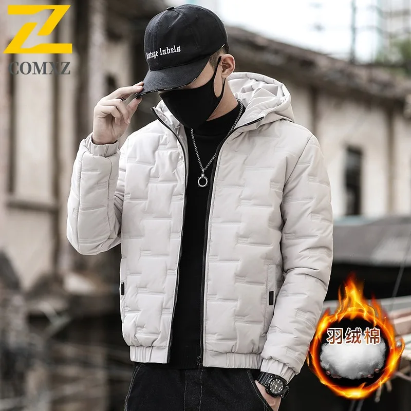 COMXZ 2025 Mens Korean Slim Hooded Thickened Cotton Winter Jacket Warm Tactics Waterproof and Windproof Outdoor Workweer Coat