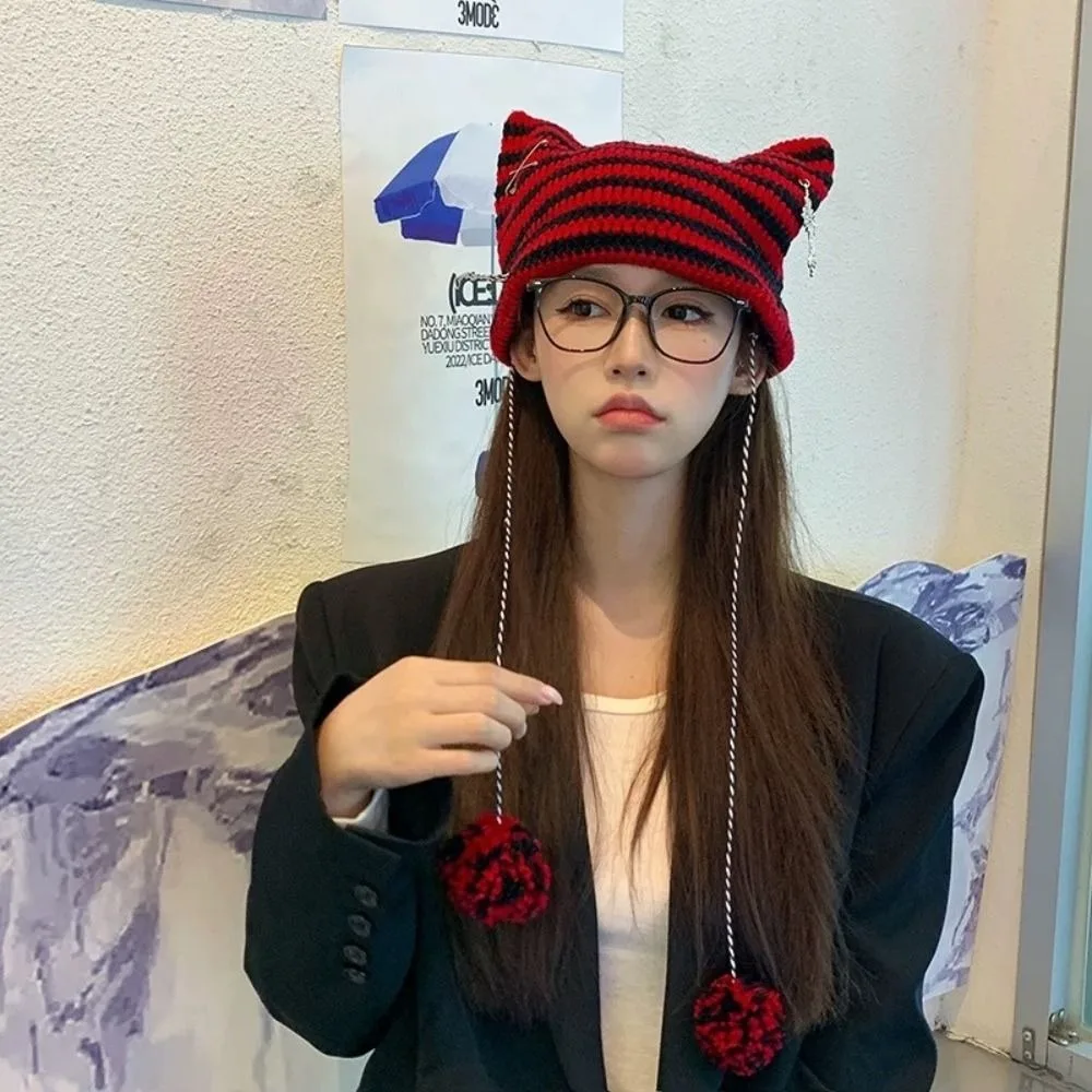 Women Cute Ins Little Devil Knitting Striped Bonnet Hats Casual Cap Japanese Beanie Hat Knitted Wool Caps