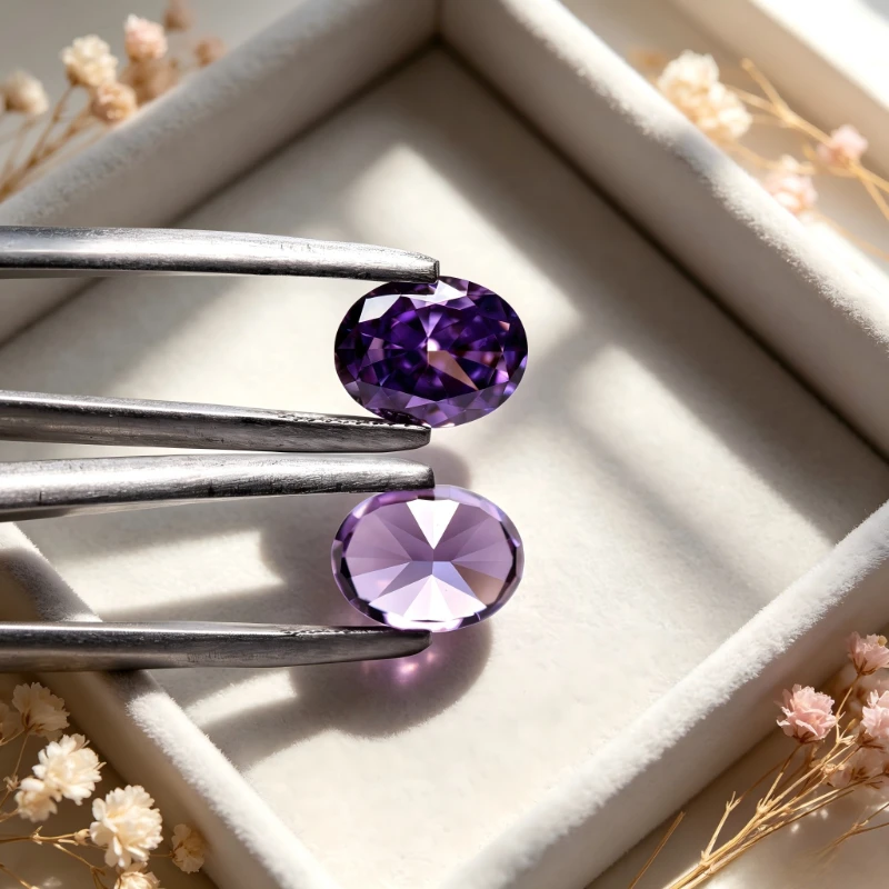 Kubischer Zirkonia Stein, ovale Form, violette Farbe, Crushed-Ice-Schliff, violette Farbe, CZ 4K-Schliff, 5A+ Qualität, Laborproduktion – Detail 6