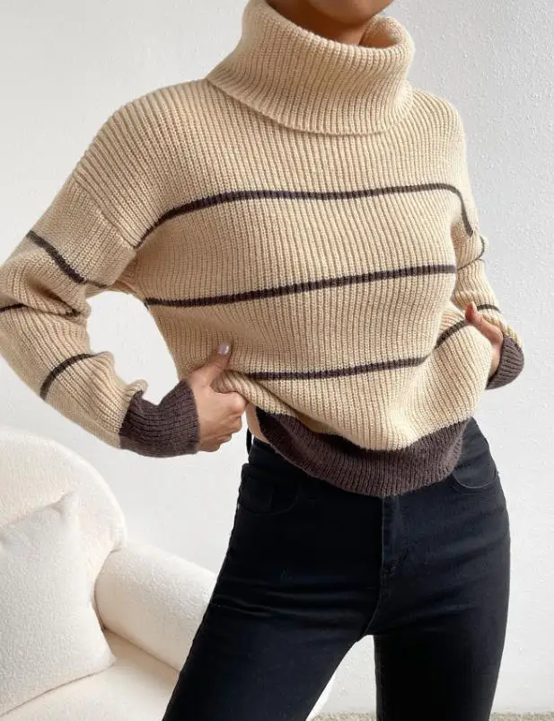 2025年秋冬 ハイネックストライプニットセーター レディース カジュアル エレガント 通勤 長袖ニットセーター