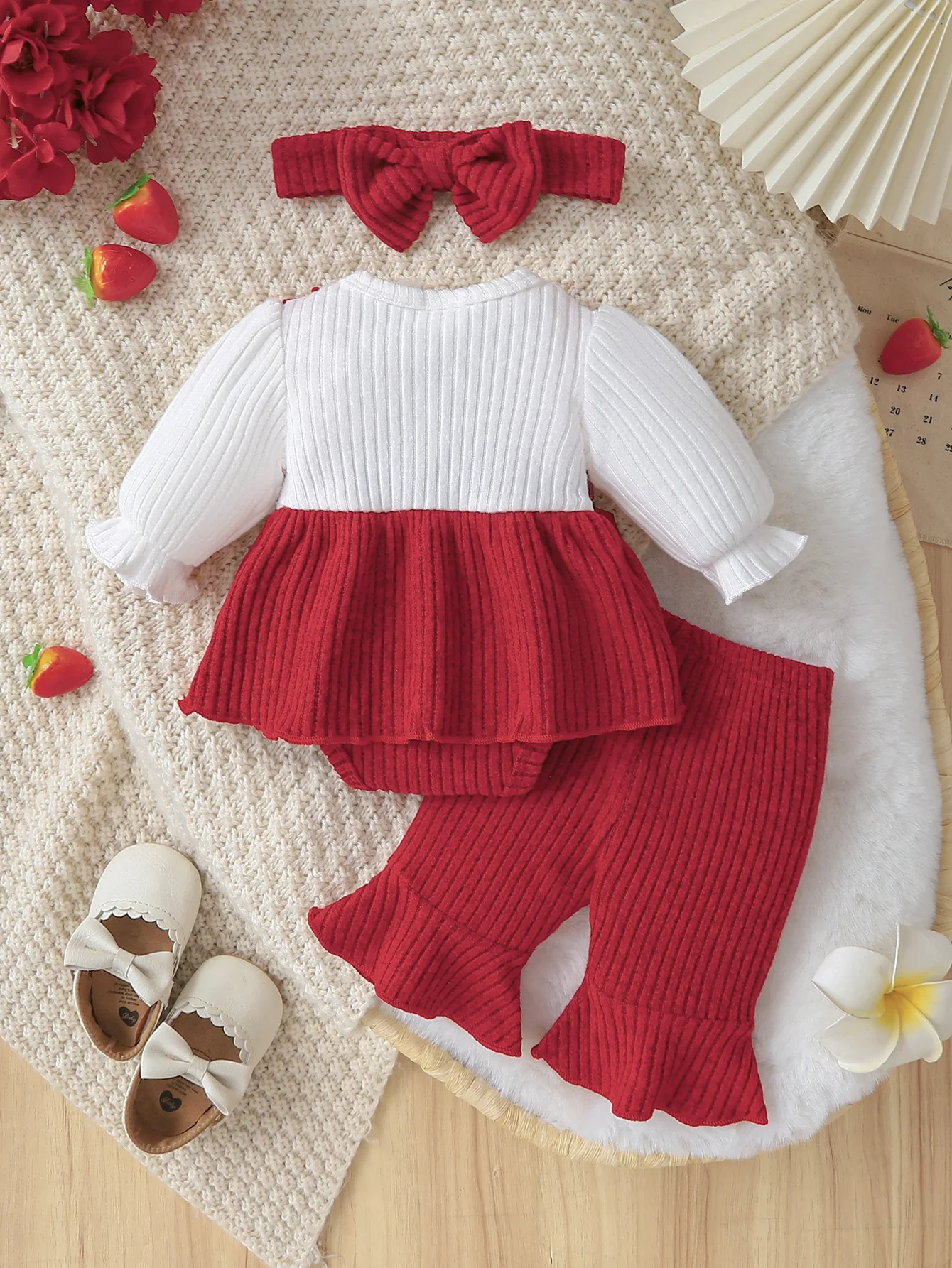 3Pcs Baby Girl Princess Outfit, Strawberry Romper Flared Pants Bow Headband Set 0-12M