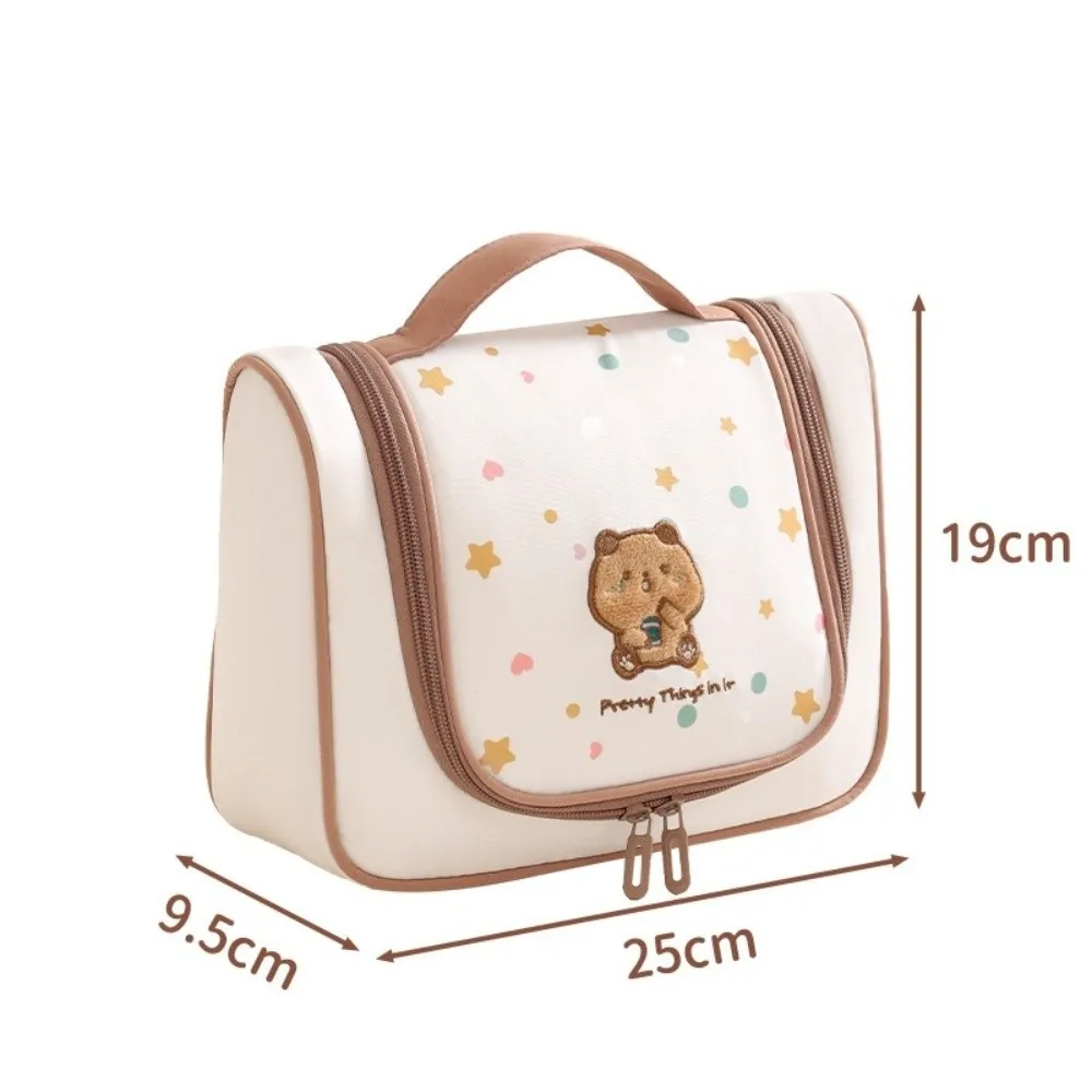 Cartoon Embroidery Cosmetic Bag Hanging Large Capacity Travel Toiletry Bag with Separate Compartments Portable Makeup Organizer